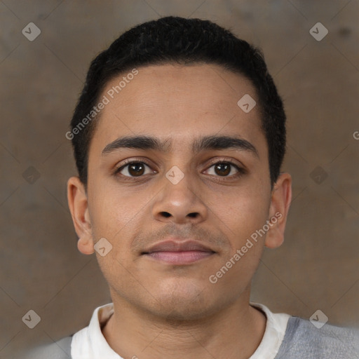 Neutral latino young-adult male with short  brown hair and brown eyes