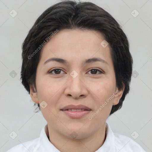 Joyful white adult female with medium  brown hair and brown eyes