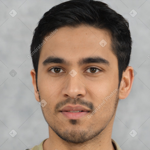 Neutral latino young-adult male with short  black hair and brown eyes