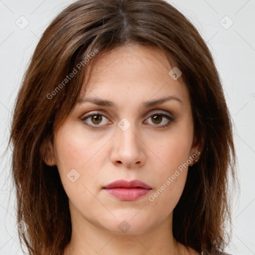 Neutral white young-adult female with medium  brown hair and brown eyes