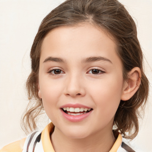 Joyful white child female with medium  brown hair and brown eyes