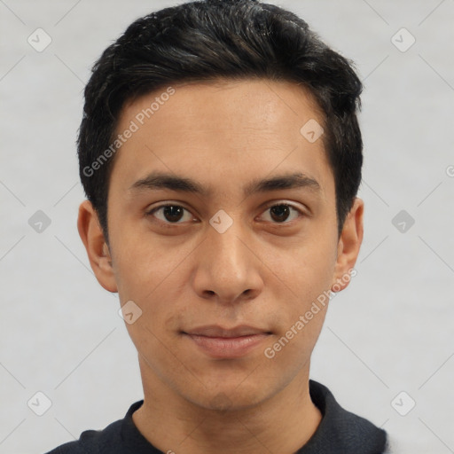 Neutral asian young-adult male with short  black hair and brown eyes