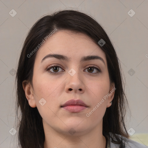 Neutral white young-adult female with medium  brown hair and brown eyes