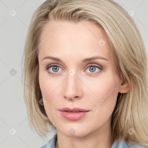 Neutral white young-adult female with medium  brown hair and blue eyes