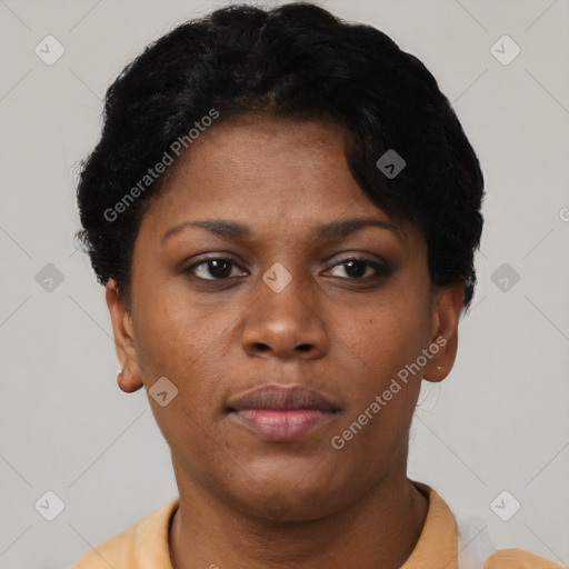Neutral black young-adult female with short  brown hair and brown eyes