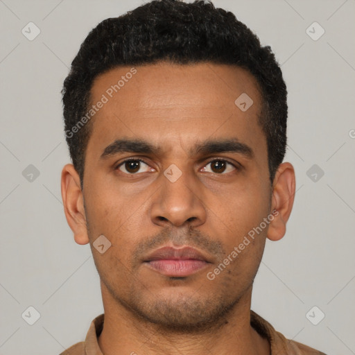 Neutral latino young-adult male with short  black hair and brown eyes
