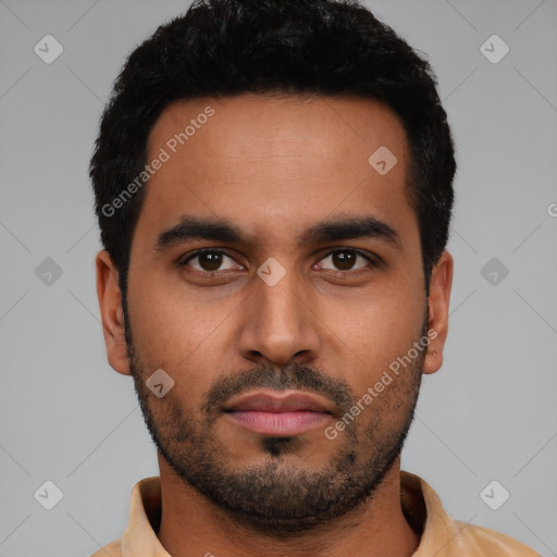 Neutral latino young-adult male with short  black hair and brown eyes
