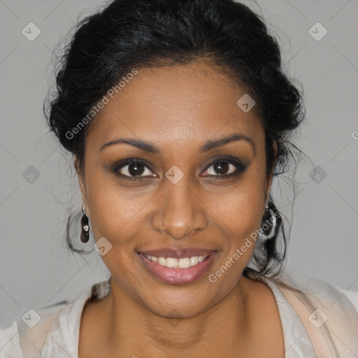 Joyful black young-adult female with medium  brown hair and brown eyes