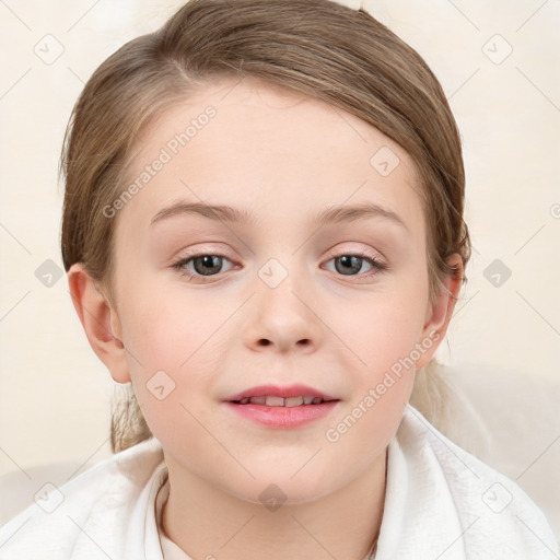 Joyful white child female with medium  brown hair and blue eyes