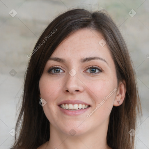 Joyful white young-adult female with long  brown hair and grey eyes