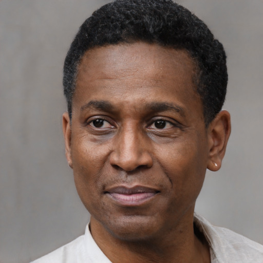 Joyful latino adult male with short  black hair and brown eyes