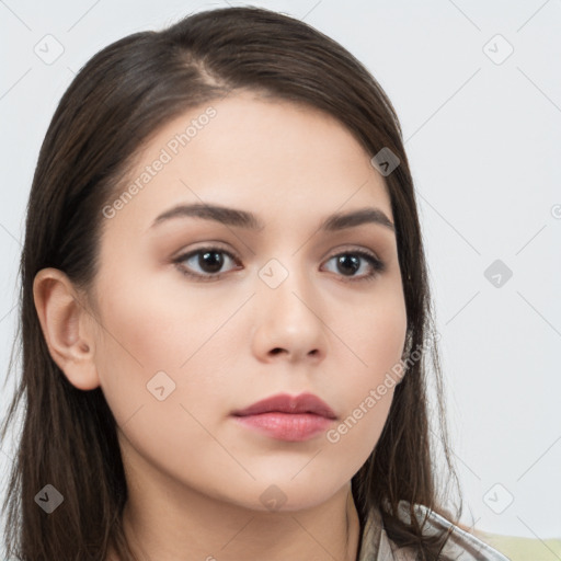 Neutral white young-adult female with long  brown hair and brown eyes