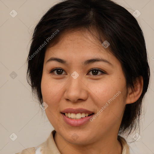 Joyful white young-adult female with medium  brown hair and brown eyes