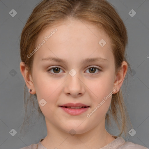 Joyful white child female with medium  brown hair and brown eyes