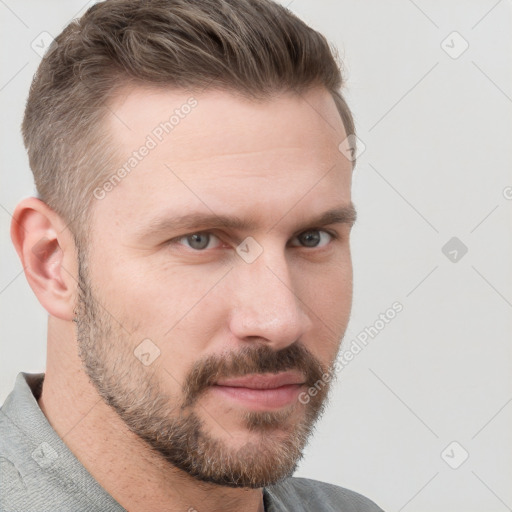 Neutral white young-adult male with short  brown hair and grey eyes