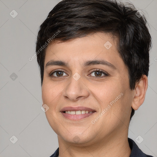 Joyful white young-adult female with short  brown hair and brown eyes