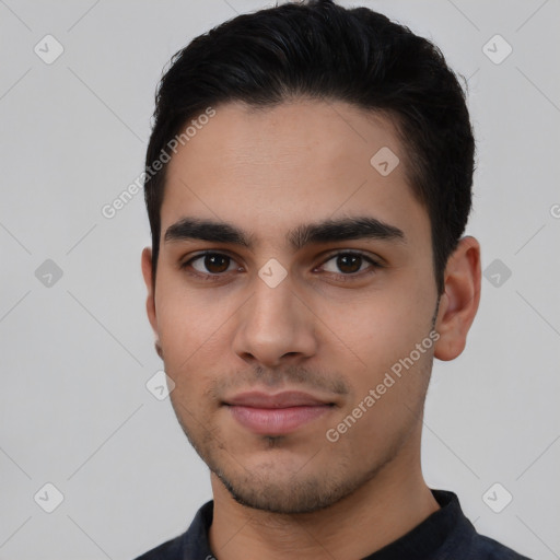 Neutral latino young-adult male with short  black hair and brown eyes