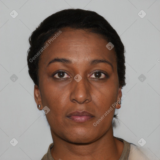 Neutral black young-adult female with short  black hair and brown eyes