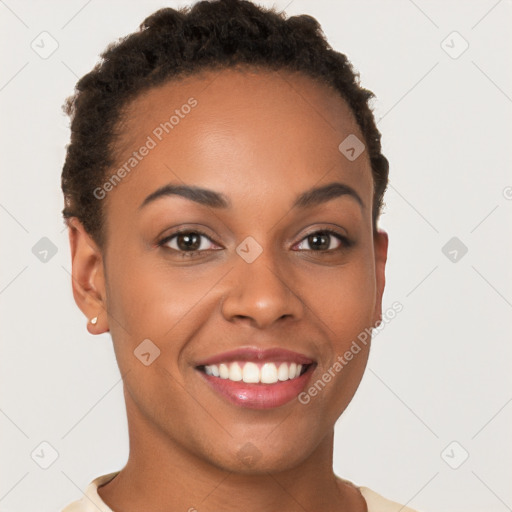 Joyful latino young-adult female with short  brown hair and brown eyes