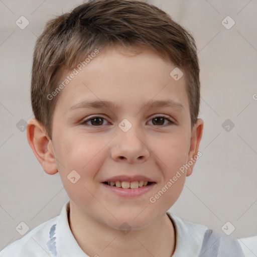 Joyful white child male with short  brown hair and brown eyes