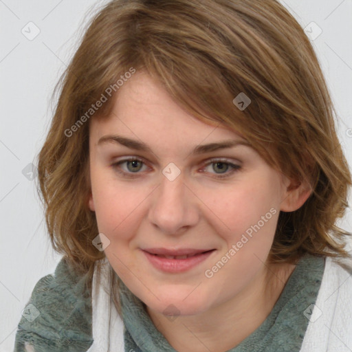 Joyful white young-adult female with medium  brown hair and blue eyes