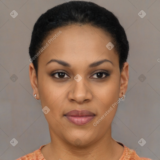 Joyful latino young-adult female with short  black hair and brown eyes