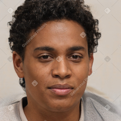 Joyful black young-adult male with short  brown hair and brown eyes