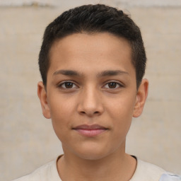 Joyful latino young-adult male with short  brown hair and brown eyes