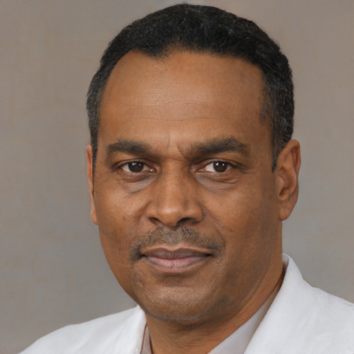 Neutral black adult male with short  black hair and brown eyes