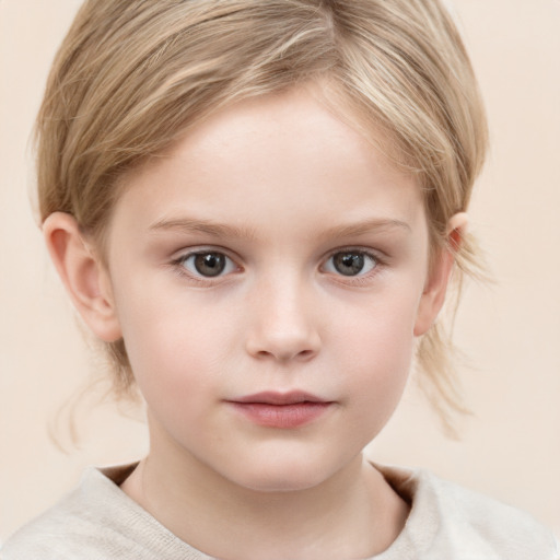 Neutral white child female with medium  brown hair and grey eyes