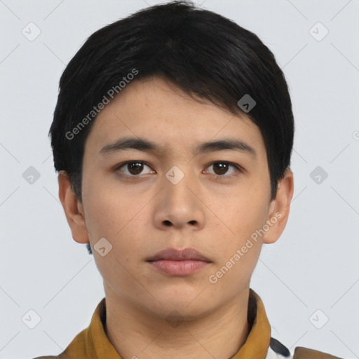 Neutral asian young-adult male with short  black hair and brown eyes