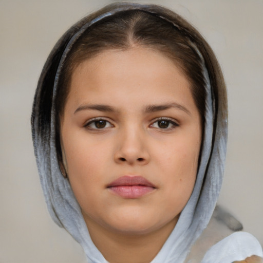 Neutral white young-adult female with medium  brown hair and brown eyes