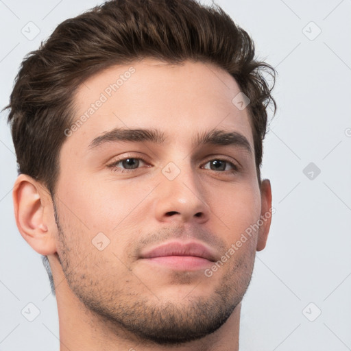 Neutral white young-adult male with short  brown hair and brown eyes