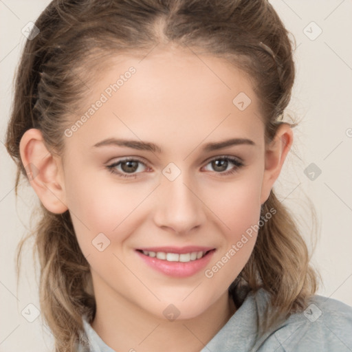 Joyful white child female with medium  brown hair and brown eyes