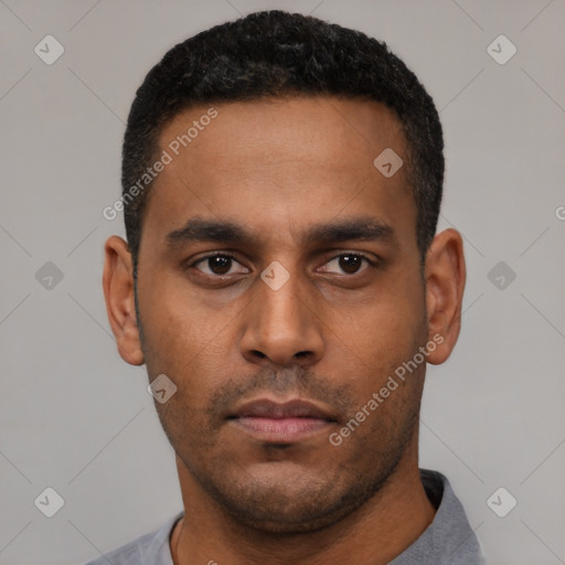 Neutral latino young-adult male with short  black hair and brown eyes