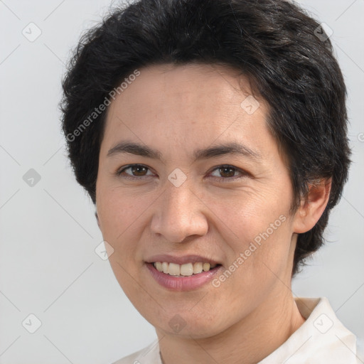 Joyful white adult female with short  brown hair and brown eyes