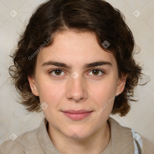 Joyful white young-adult female with medium  brown hair and green eyes