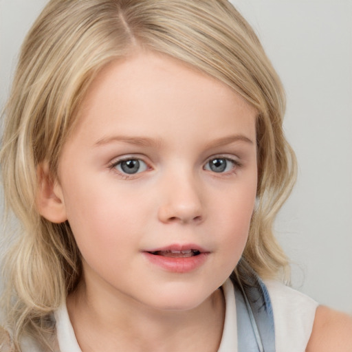 Neutral white child female with medium  blond hair and blue eyes