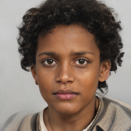 Neutral black young-adult female with short  brown hair and brown eyes