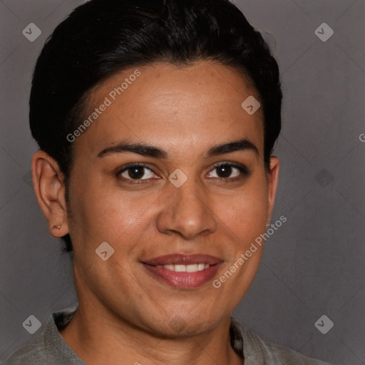 Joyful white adult female with short  brown hair and brown eyes