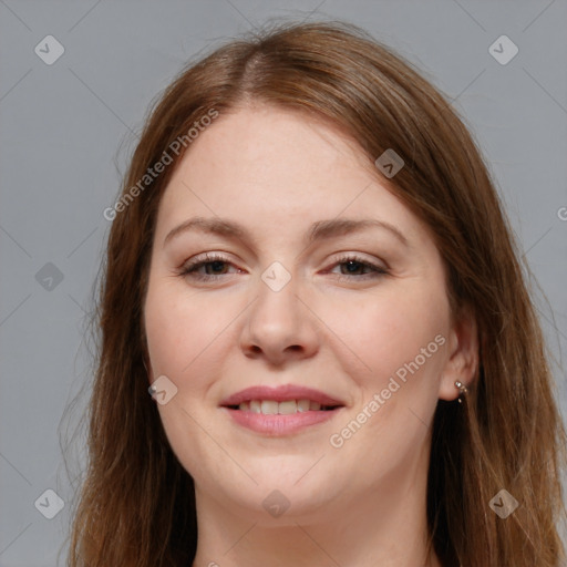 Joyful white young-adult female with long  brown hair and grey eyes