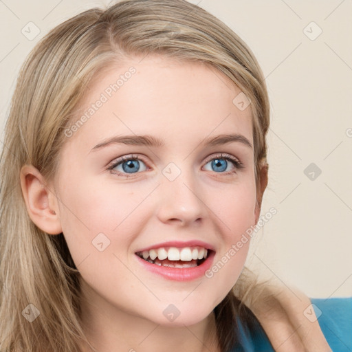 Joyful white young-adult female with long  brown hair and blue eyes