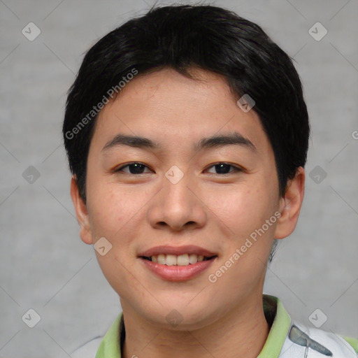 Joyful asian young-adult female with short  black hair and brown eyes