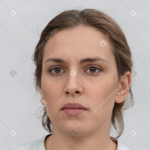 Neutral white young-adult female with medium  brown hair and brown eyes