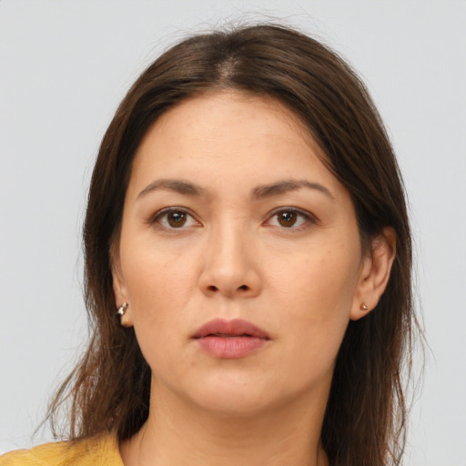 Neutral white young-adult female with medium  brown hair and brown eyes