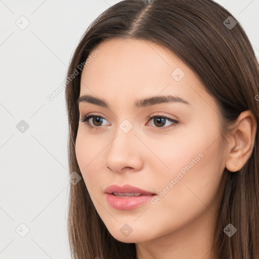 Neutral white young-adult female with long  brown hair and brown eyes