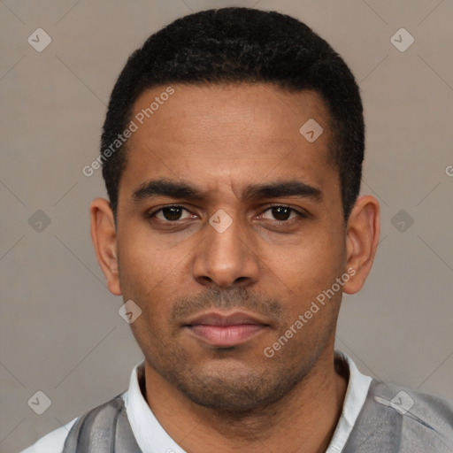 Neutral latino young-adult male with short  black hair and brown eyes