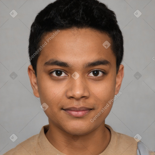 Joyful latino young-adult male with short  black hair and brown eyes