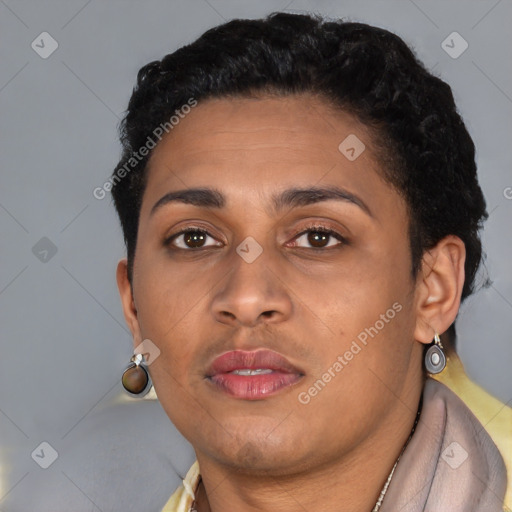 Joyful latino young-adult female with short  brown hair and brown eyes