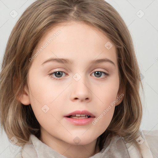 Neutral white child female with medium  brown hair and grey eyes